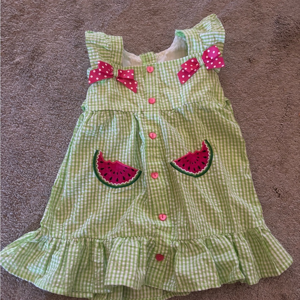 Rare Editions Green Gingham Dress with Pink Watermelon Appliques
